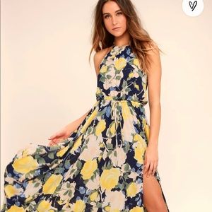 Lulu’s Precious Memories Navy Blue and Yellow Floral Print Maxi Dress.